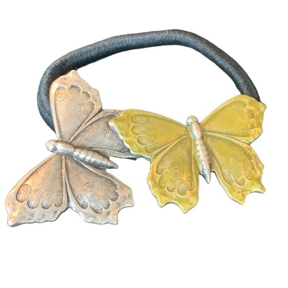 Hand-Pressed Metal Butterfly Hair Tie – Handmade Ponytail Holder on Elastic - Picture 1 of 9